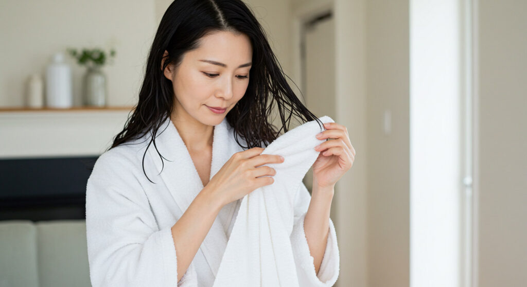 お風呂上がりに濡れた髪をバスタオルで優しくふく日本人女性