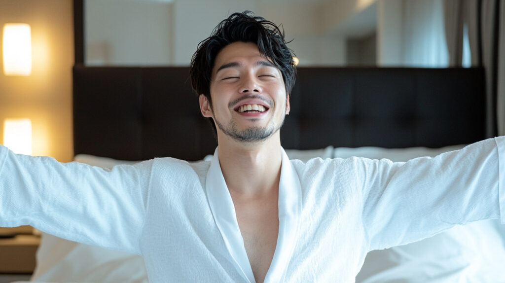 質の良い睡眠をとって気持ちよく目覚めた男性