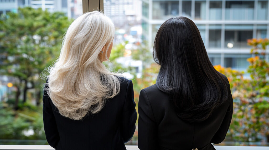 美しい白髪と黒髪の女性が窓の外を眺めている